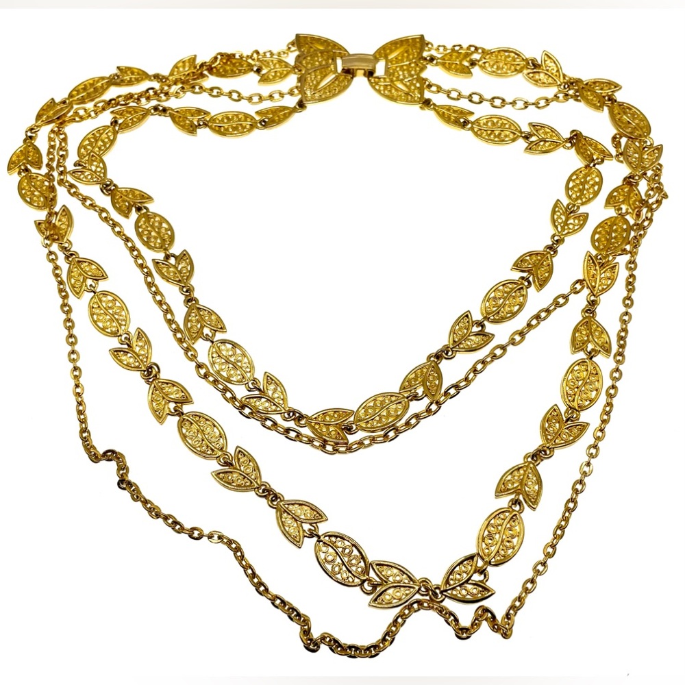 Gold Tone Multi Chain Filigree Linked Graduating Length Necklace